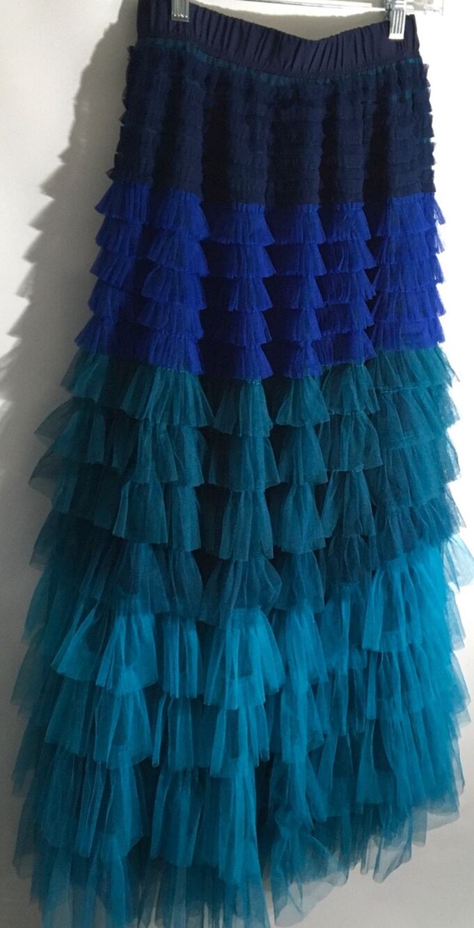 Beulah Style Women's Size Medium Blue Teal Mesh Layered Tiered Ruffle Skirt